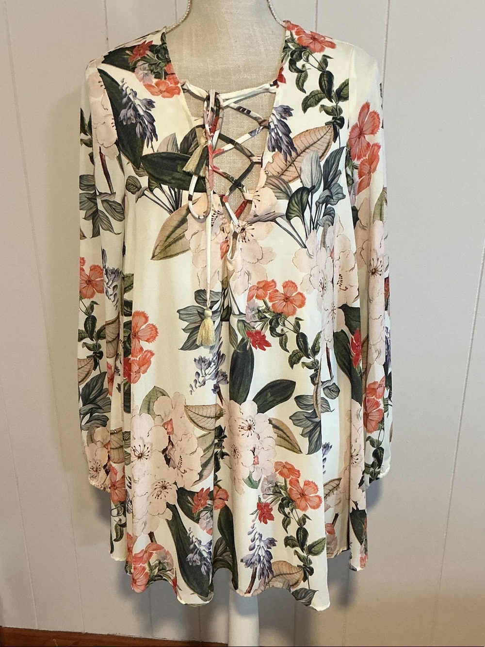 Show Me Your MuMu Floral Lace-Up Midi Dress in Cream, Green & Coral